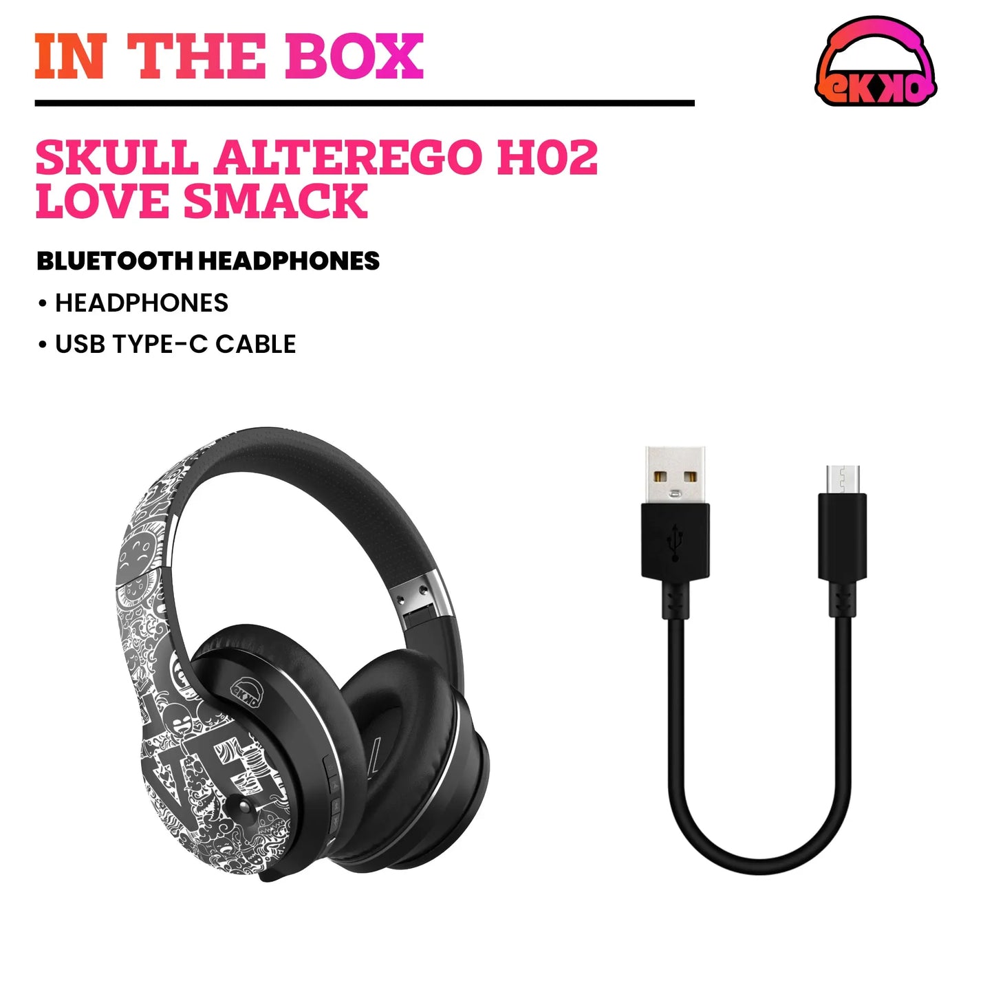 EKKO "Skull Alter Ego H02 Love Smack: Wireless Headphones with ENC, 15H Playback, On Ear, Max Bass, Twin Connect, Siri & Google – Uninterrupted Love for Music!"